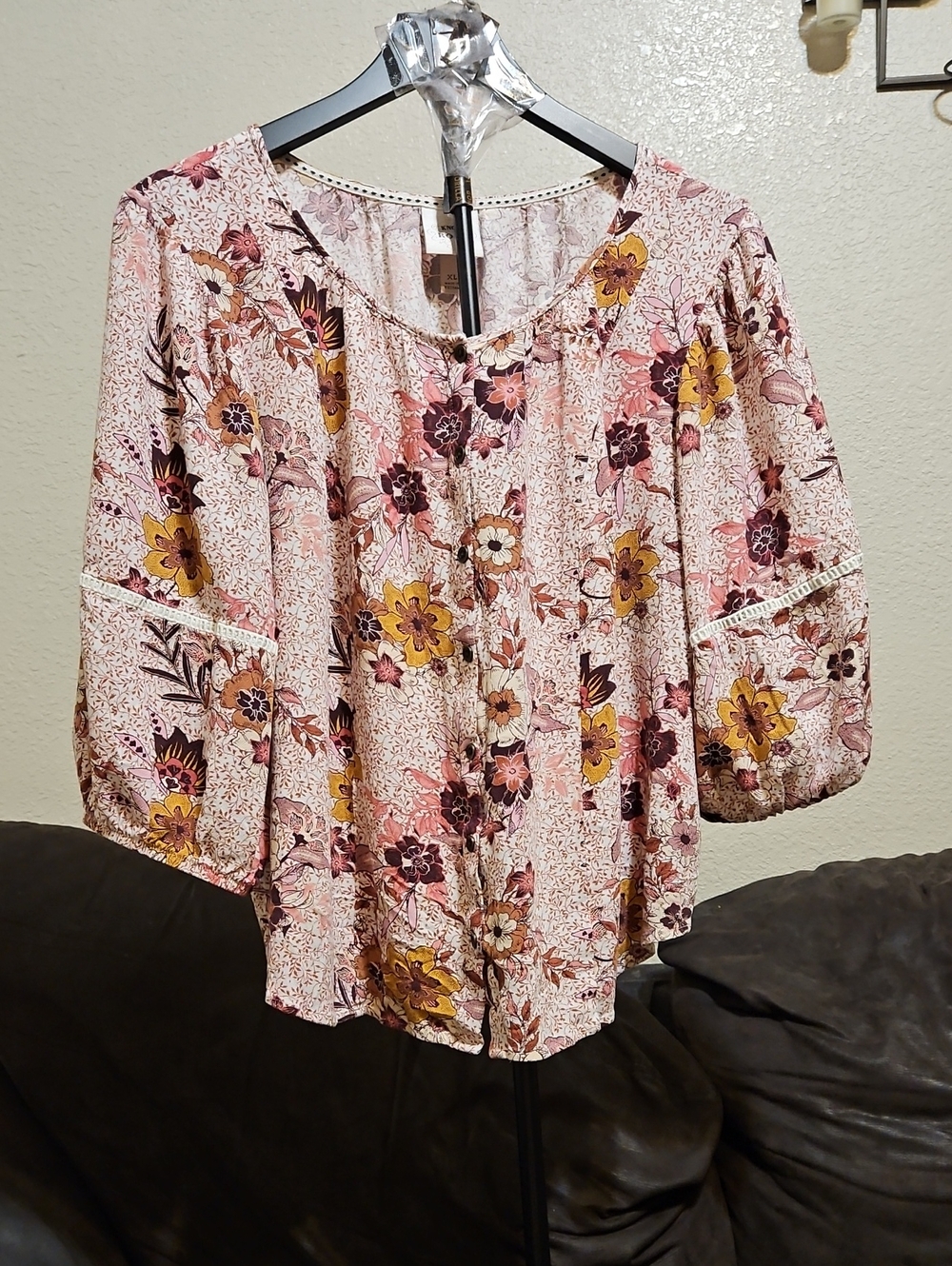 Knox Rose Pink Floral Peasant Blouse with Yellow Accents